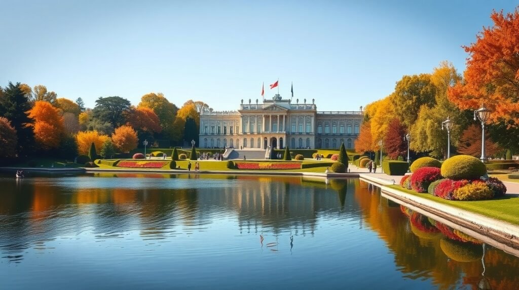 A Benrath-kastély és parkja Düsseldorfban, színes őszi fákkal.