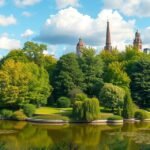 Düsseldorf Hofgarten park szökőkúttal és zöld tájjal