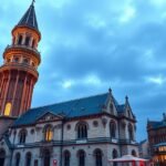 Düsseldorfi Szent Lambert-templom ferde tornya naplementében