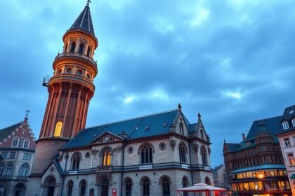 Düsseldorfi Szent Lambert-templom ferde tornya naplementében