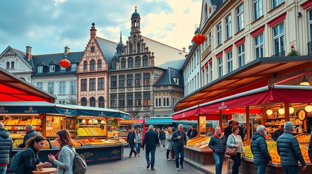 Carlsplatz piac Düsseldorfban, friss helyi ételekkel és kézműves termékekkel.