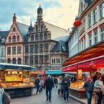 Carlsplatz piac Düsseldorfban, friss helyi ételekkel és kézműves termékekkel.