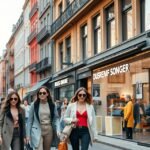 Divatos fiatal nők sétálnak Düsseldorf divatos utcájában.