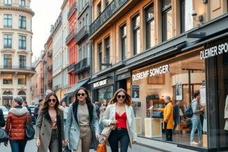 Divatos fiatal nők sétálnak Düsseldorf divatos utcájában.