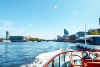 Hajókirándulás a Rajnán Düsseldorfból, modern kikötők és belvárosi panoráma.