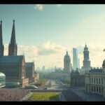 Düsseldorf és Köln városközpontja, a Rajna partján, gyönyörű épületekkel.