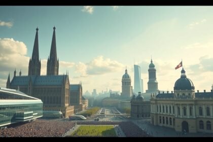 Düsseldorf és Köln városközpontja, a Rajna partján, gyönyörű épületekkel.
