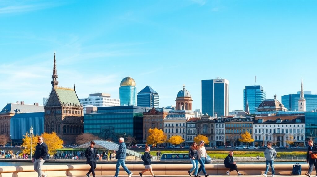 Düsseldorf városkép sétáló emberekkel napsütésben