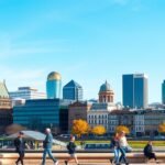 Düsseldorf városkép sétáló emberekkel napsütésben