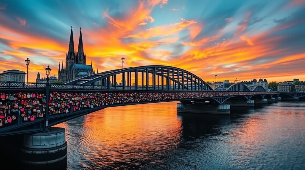 Hohenzollern híd Köln felett, lakatokkal és gyönyörű naplementével.