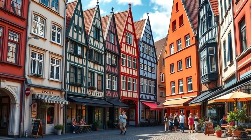 Köln színes házai az Óvárosban, turisták sétálnak az utcán.
