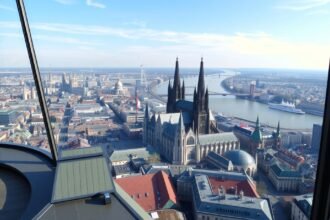 Kilátás a KölnTriangle-ból a városra és a Rajnára