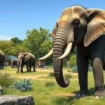 Elefántok a Kölni Állatkert elefántparkjában, látogatók körében.