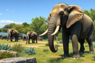 Elefántok a Kölni Állatkert elefántparkjában, látogatók körében.