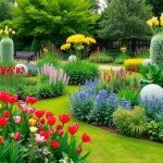 Színes virágokkal teli zöld kert Flora és Botanikus Kert Kölnben.