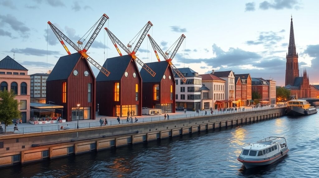 Köln Kranhäuser épületek és folyóparti séta a Rheinauhafen területén.