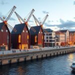 Köln Kranhäuser épületek és folyóparti séta a Rheinauhafen területén.