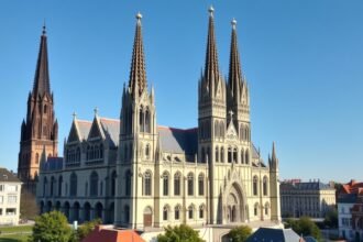 A Nagy Szent Márton-templom látképe Kölnben, román stílusú tornyokkal.