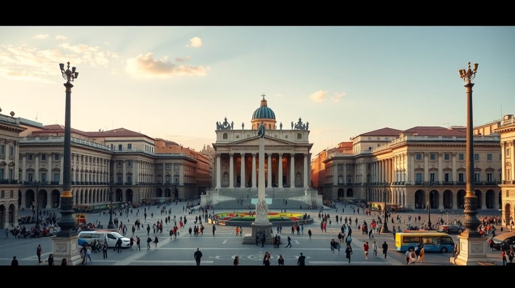 Piazza Venezia, a bustling square in Rome with historic architecture and vibrant atmosphere.