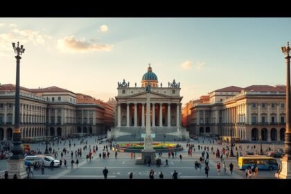 Piazza Venezia, a bustling square in Rome with historic architecture and vibrant atmosphere.