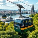 Libegő Kölnben a Rajna felett, gyönyörű városi kilátással.