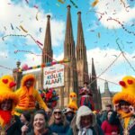 Kölni Karnevál ünneplői színes jelmezekben és konfettivel.