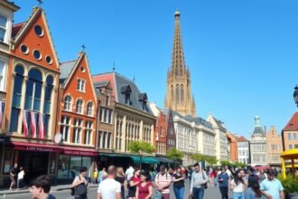 Köln városképe napfényben, emberek sétálnak a téren régi épületek között.