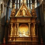 A Háromkirályok ereklyéje a Kölni Dóm belsejében, díszes oltár fényképe.