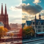 Köln város látképe különböző időszakokban, szép épületekkel.