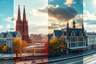 Köln város látképe különböző időszakokban, szép épületekkel.