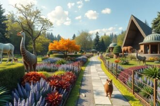 Grugapark botanikus kertje állatokkal és virágzó növényekkel