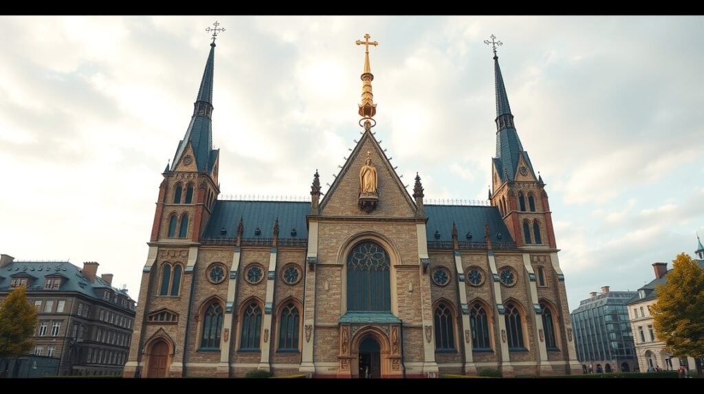 Az Esseni Dóm látképe, impozáns építészeti részletekkel.