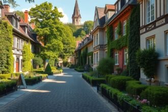 Margarethenhöhe történelmi kertváros sétálóutcája fákkal és art nouveau épületekkel.