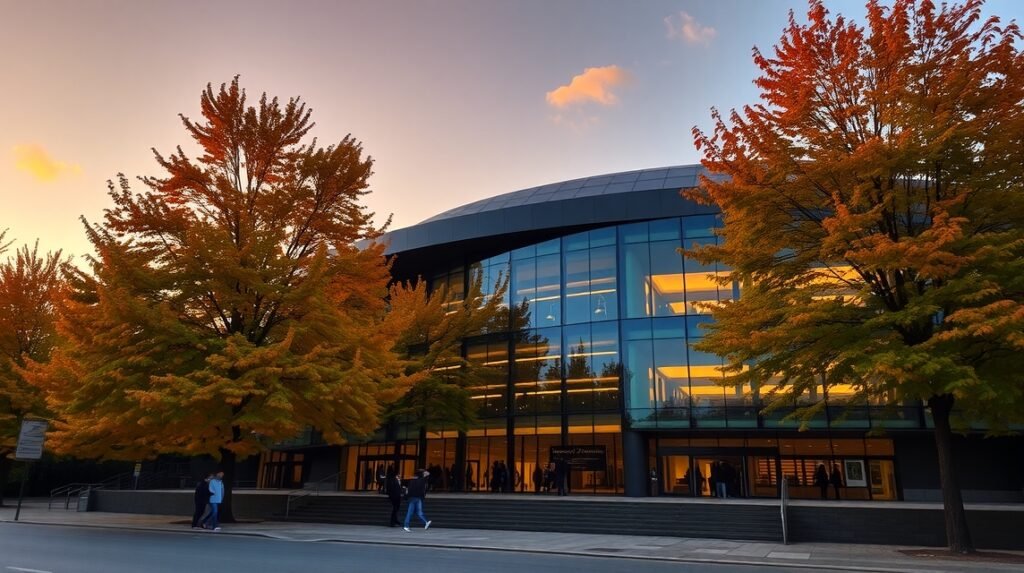 Az Esseni Filharmónia épülete őszi levelekkel körülvéve.