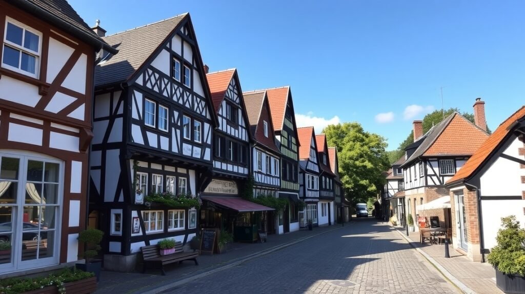 Színes favázas házak Kettwig óvárosában, Essenben