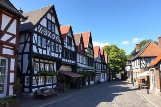 Színes favázas házak Kettwig óvárosában, Essenben