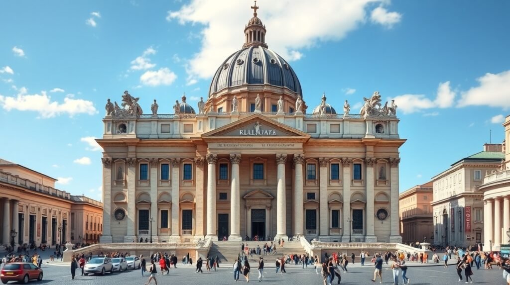 Szent Péter Bazilika látképe Rómában, reneszánsz és barokk építészet.