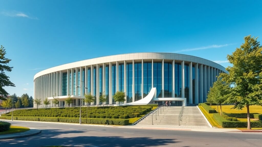 A Aalto Színház és Operaház modernista épülete Essenben.