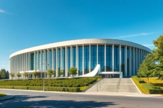 A Aalto Színház és Operaház modernista épülete Essenben.