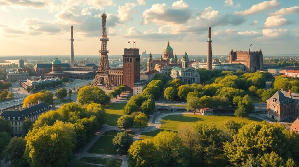 Essen városképe, a zöld parkok és ipari örökség között.