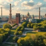 Essen városképe, a zöld parkok és ipari örökség között.