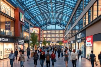 A Limbecker Platz bevásárlóközpont belső tér, sok vásárlóval és üzletekkel.