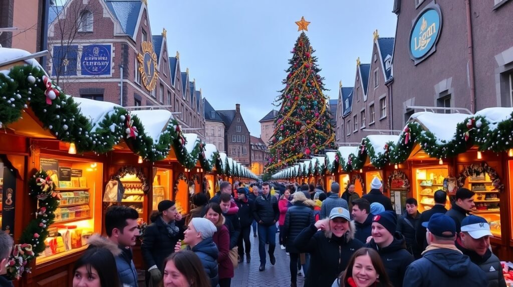 Essen karácsonyi vásár, díszes fenyőfa és vidám látogatók.