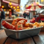 Ínycsiklandó currywurst sültkrumplival az utcai piacon Essenben.