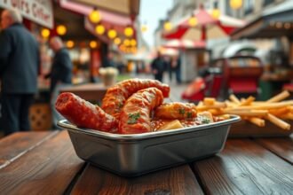 Ínycsiklandó currywurst sültkrumplival az utcai piacon Essenben.