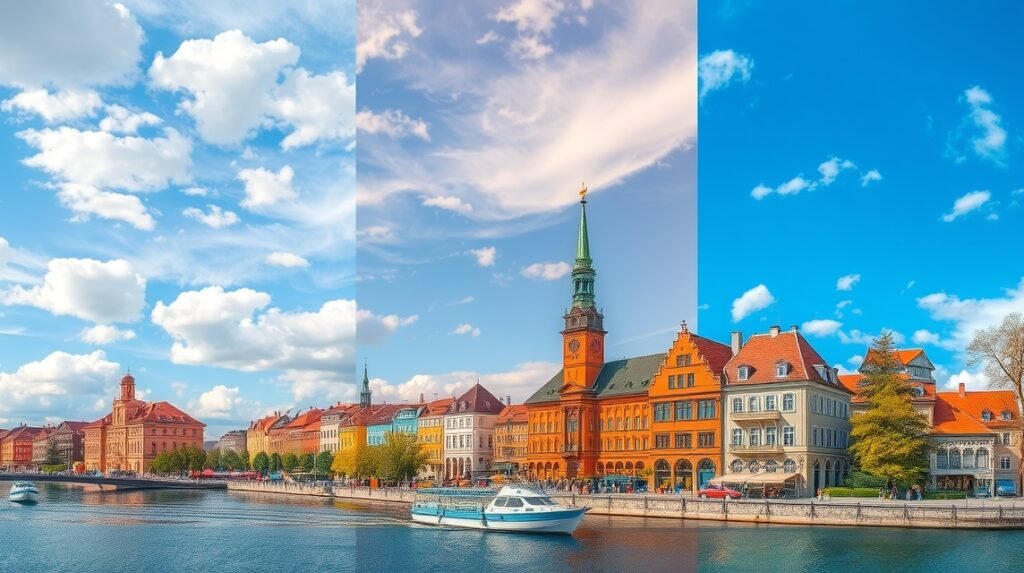 Essen városának panorámaképe a vízpart mellett, napfényben.