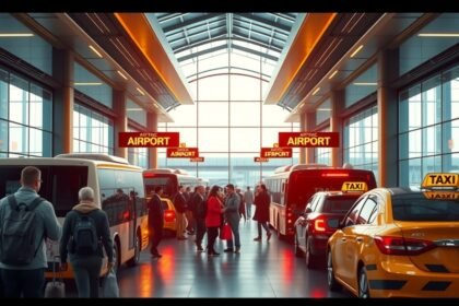 Tömegközlekedési lehetőségek a reptér előtt, taxisok és buszok várakoznak.