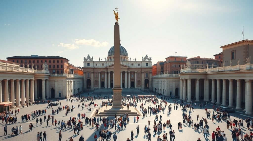 A Szent Péter tér látképe Vatikánban, emberekkel és monumentális oszloppal.