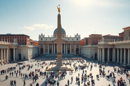 A Szent Péter tér látképe Vatikánban, emberekkel és monumentális oszloppal.