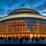A Gewandhaus koncertterem Lipcsében, éjszakai fényekben